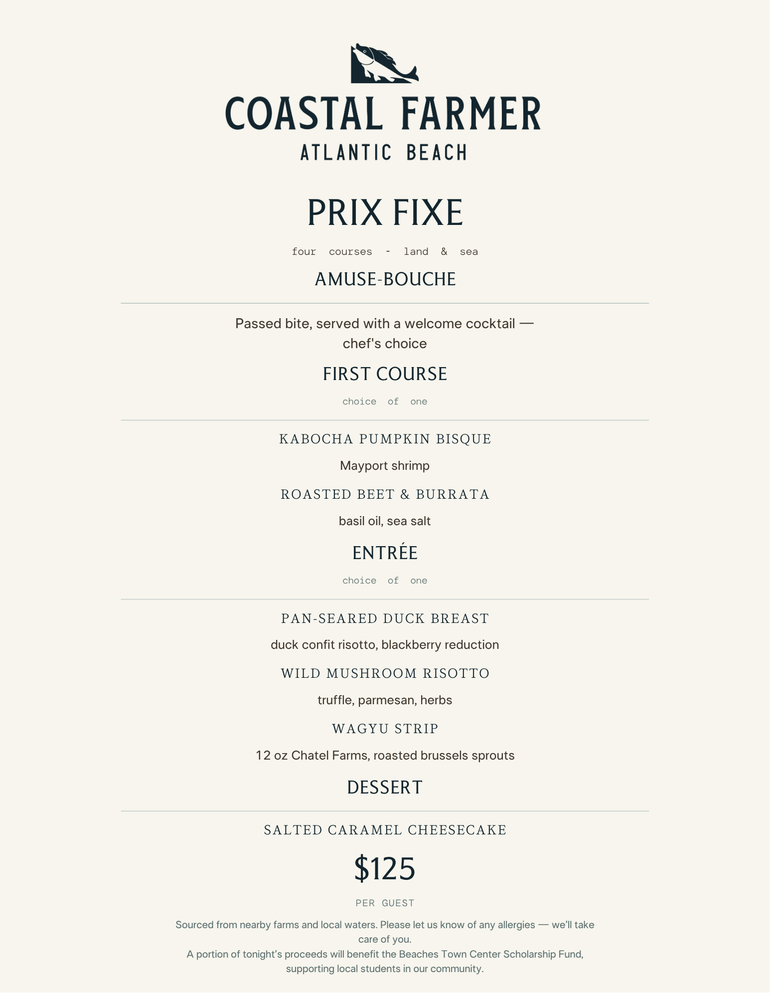 Coastal Farmer Atlantic Beach — Opening Night Menu. Monday, September 28. $125 per person.