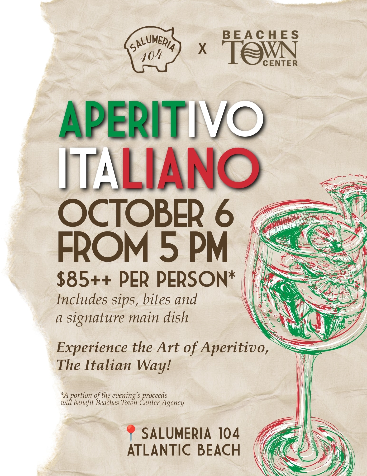 Salumeria 104 × Beaches Town Center — Aperitivo Italiano. October 6 from 5 PM. $85++ per person.